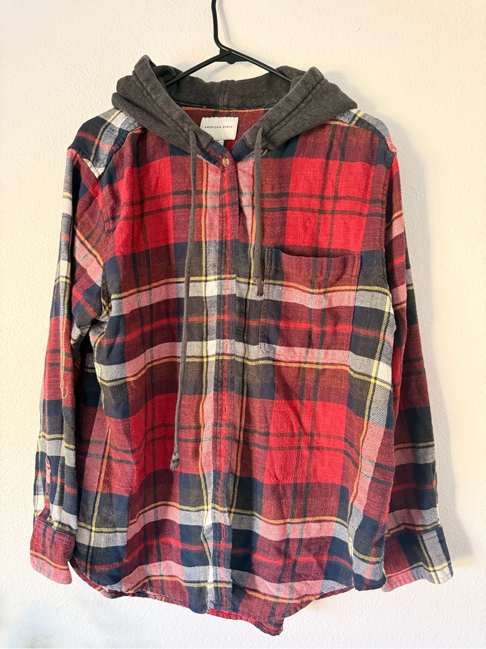 American Eagle Outfitters Red & Navy Plaid Hooded Button-Down Shirt